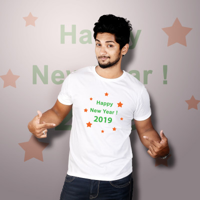 Men Round Neck White T-Shirt - Happy New Year